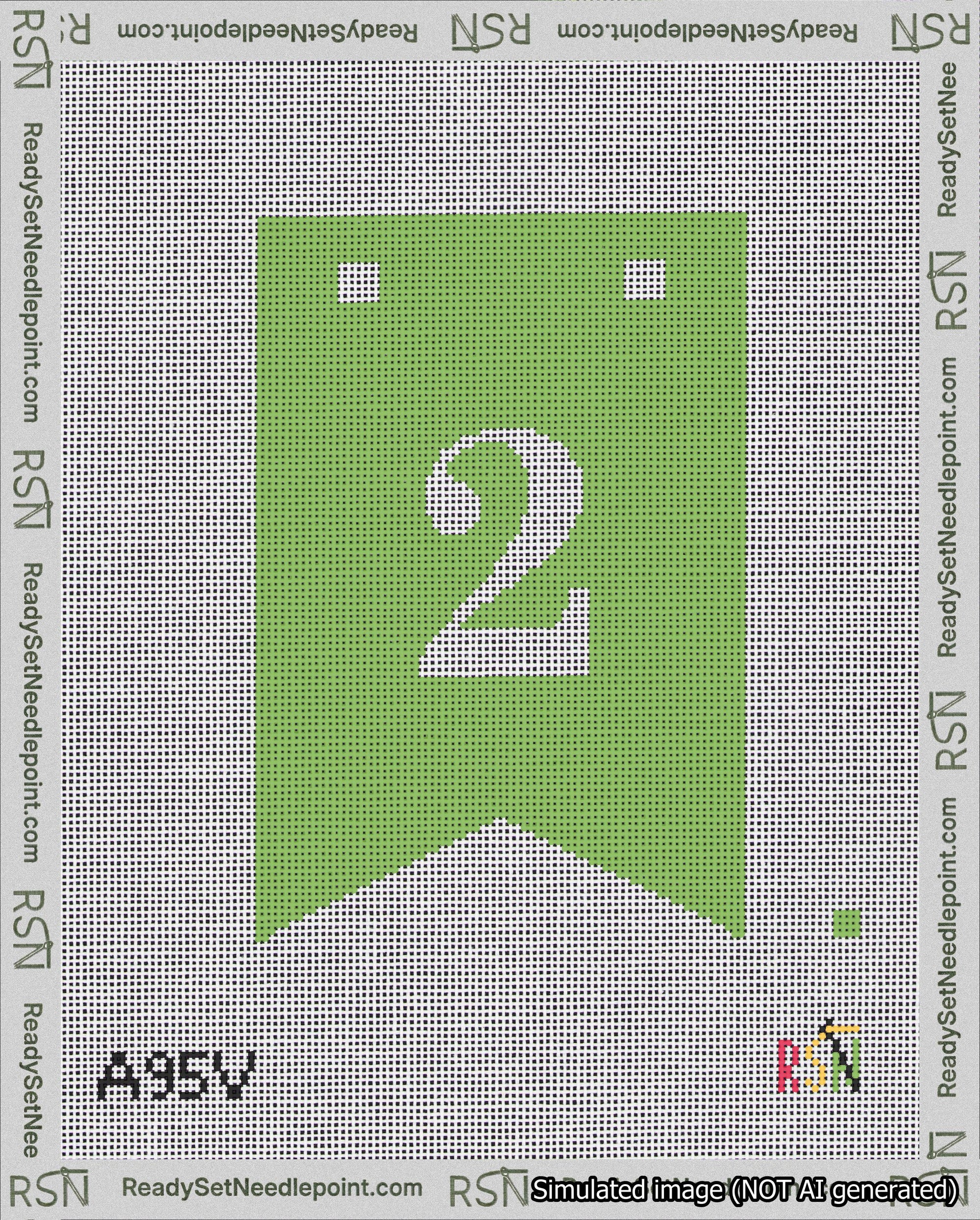 A taped needlepoint canvas with the design: Banner 18 mesh count Forked 2 White on Light Green.