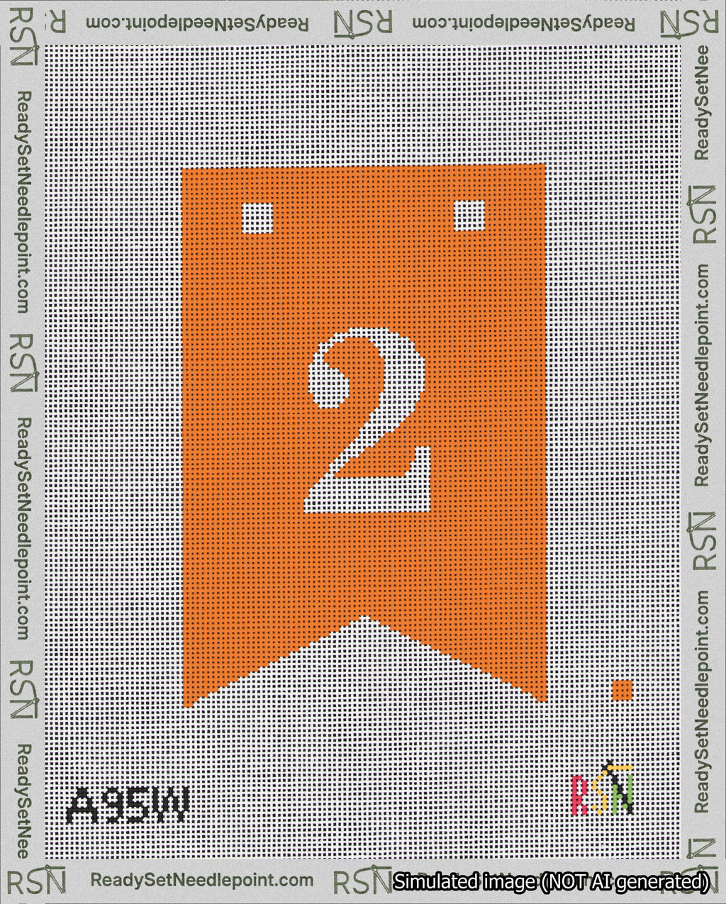 A taped needlepoint canvas with the design: Banner 18 mesh count Forked 2 White on Orange.