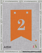 A taped needlepoint canvas with the design: Banner 18 mesh count Forked 2 White on Orange.