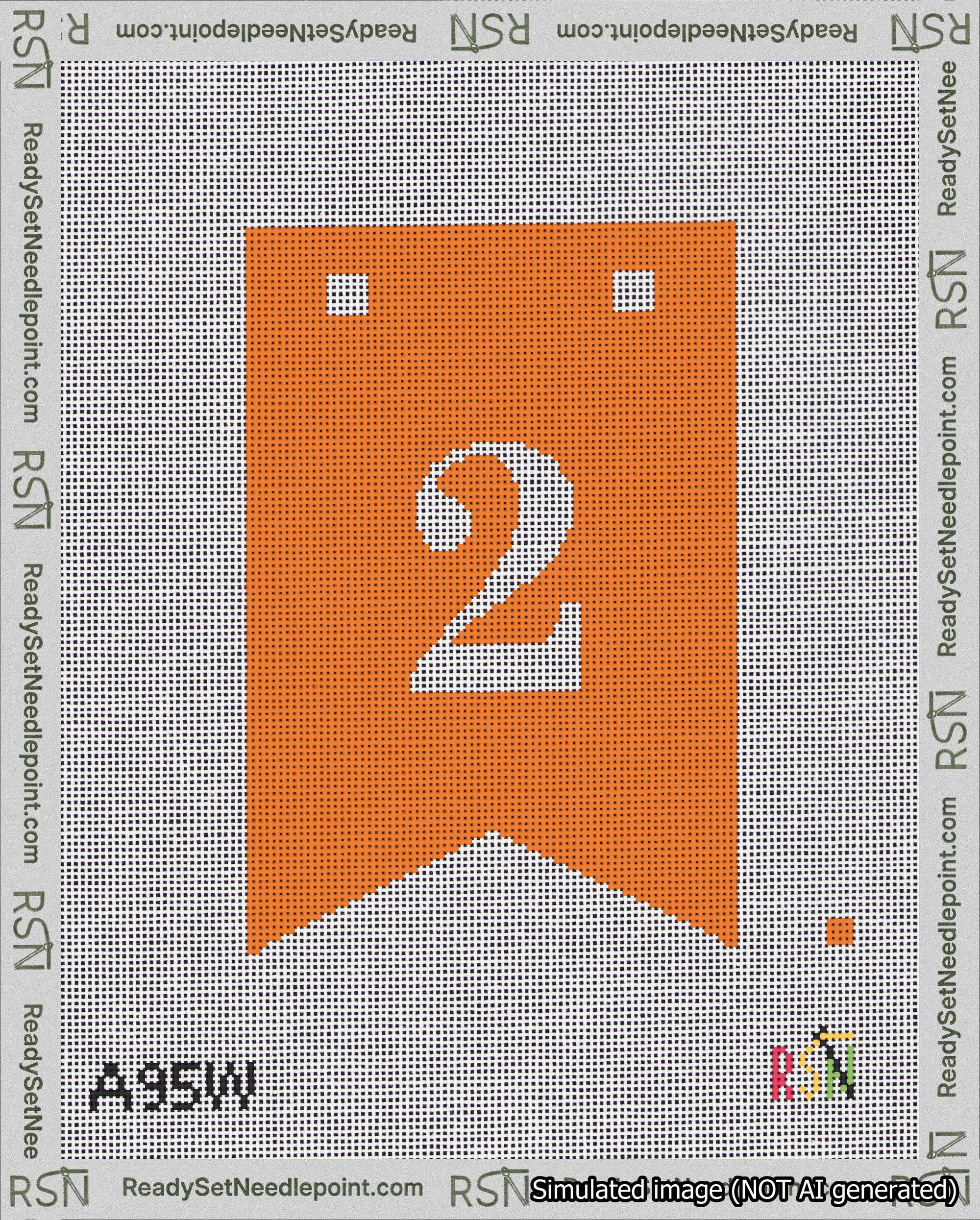 A taped needlepoint canvas with the design: Banner 18 mesh count Forked 2 White on Orange.