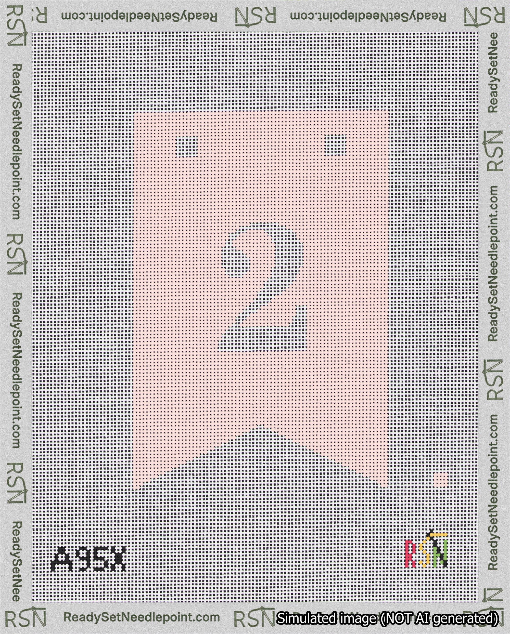 A taped needlepoint canvas with the design: Banner 18 mesh count Forked 2 White on Pink.