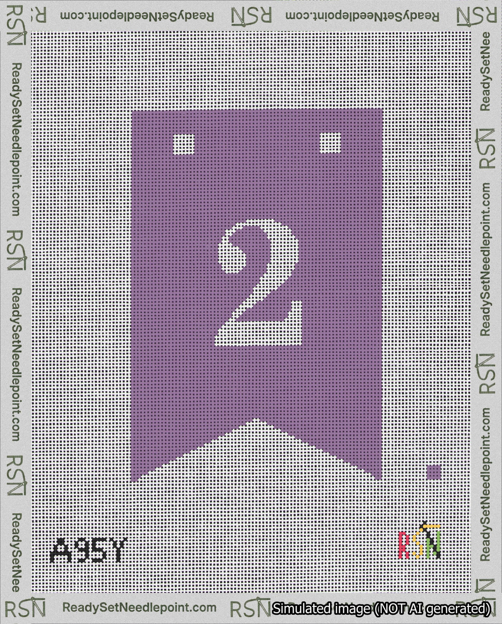A taped needlepoint canvas with the design: Banner 18 mesh count Forked 2 White on Purple.