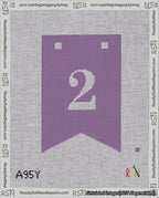 A taped needlepoint canvas with the design: Banner 18 mesh count Forked 2 White on Purple.
