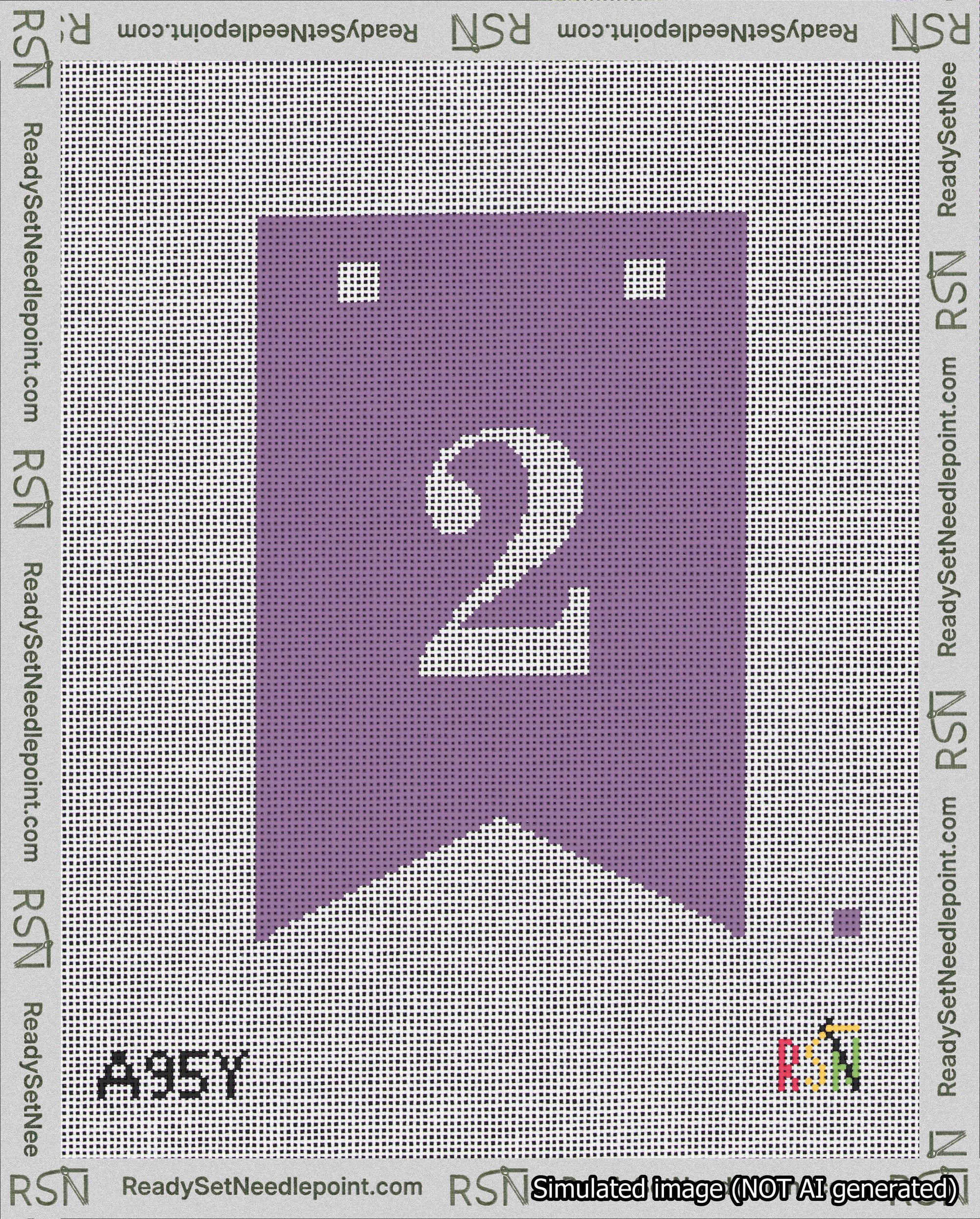 A taped needlepoint canvas with the design: Banner 18 mesh count Forked 2 White on Purple.