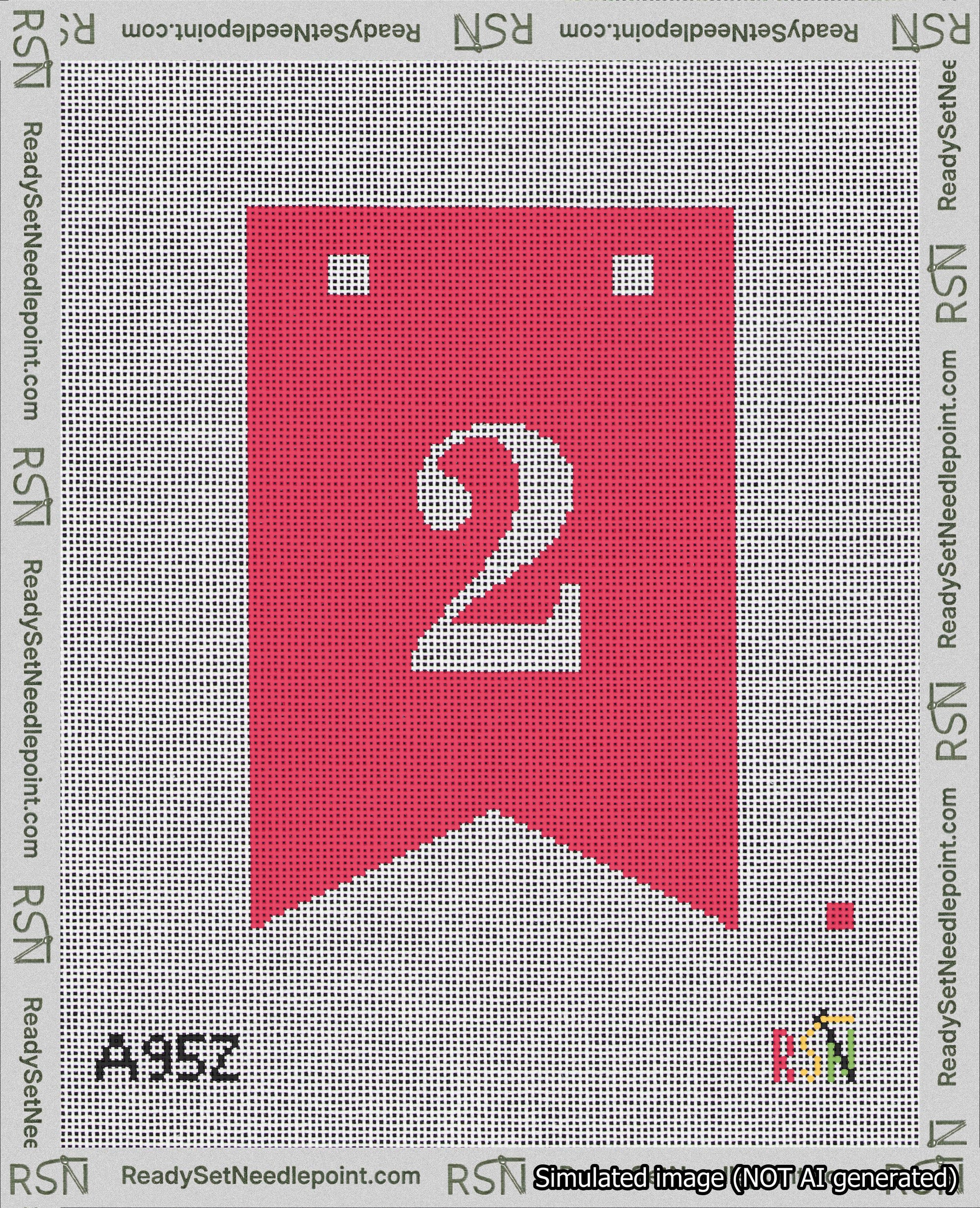 A taped needlepoint canvas with the design: Banner 18 mesh count Forked 2 White on Red.