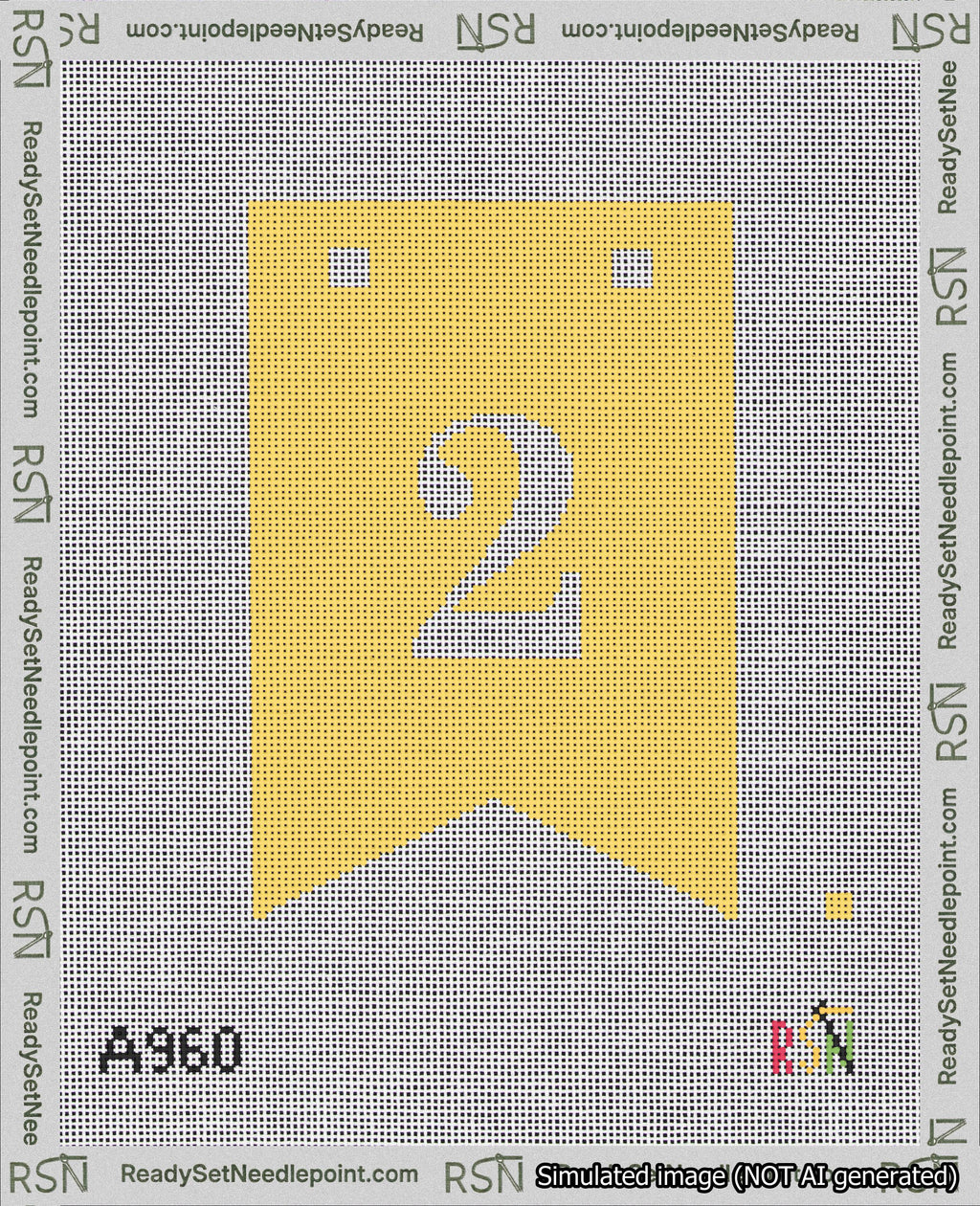 A taped needlepoint canvas with the design: Banner 18 mesh count Forked 2 White on Yellow.