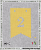 A taped needlepoint canvas with the design: Banner 18 mesh count Forked 2 White on Yellow.