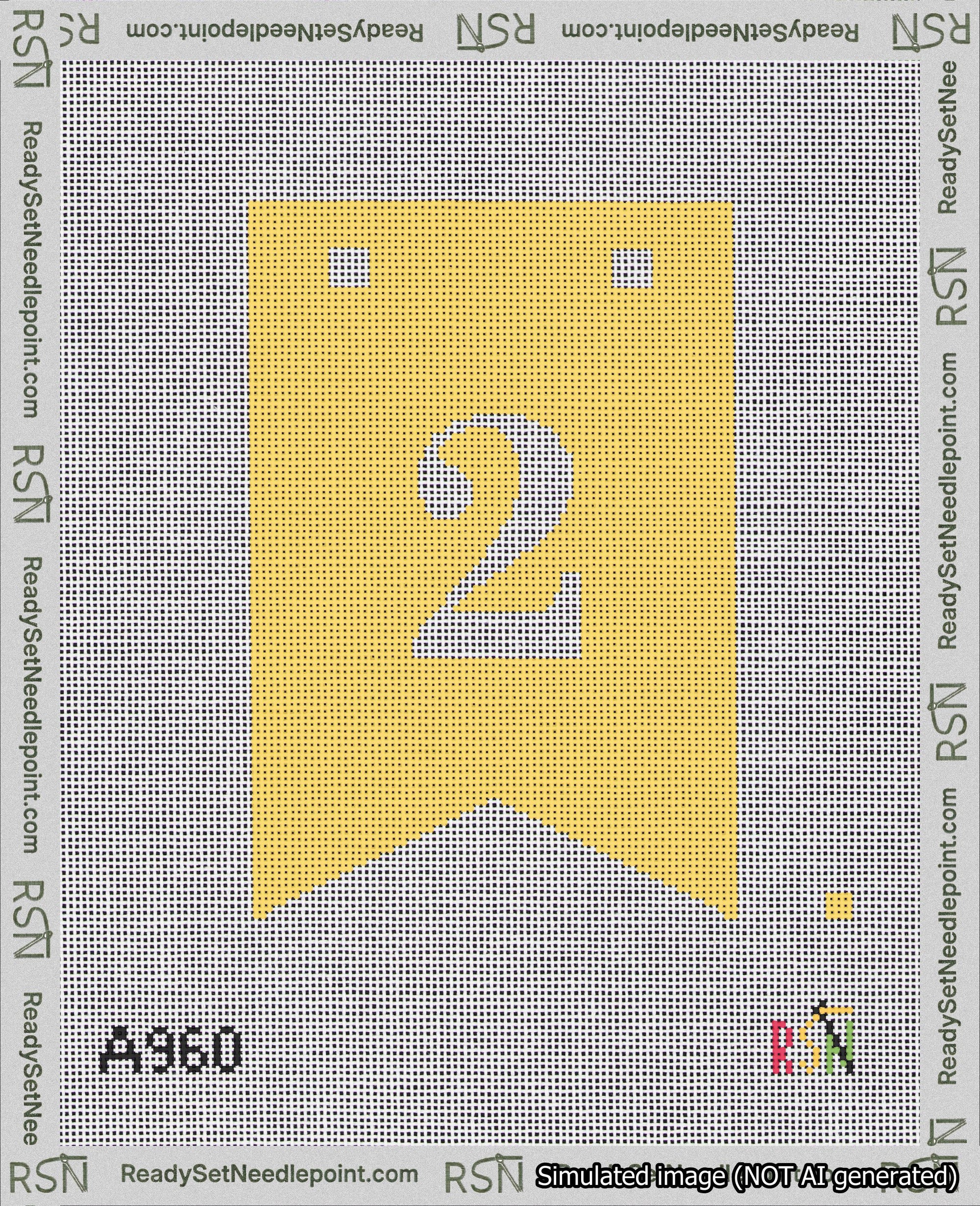 A taped needlepoint canvas with the design: Banner 18 mesh count Forked 2 White on Yellow.