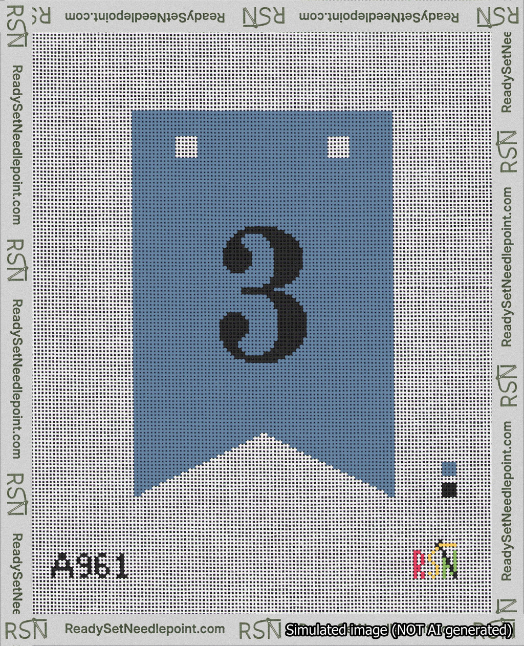 A taped needlepoint canvas with the design: Banner 18 mesh count Forked 3 Black on Blue.