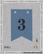 A taped needlepoint canvas with the design: Banner 18 mesh count Forked 3 Black on Blue.