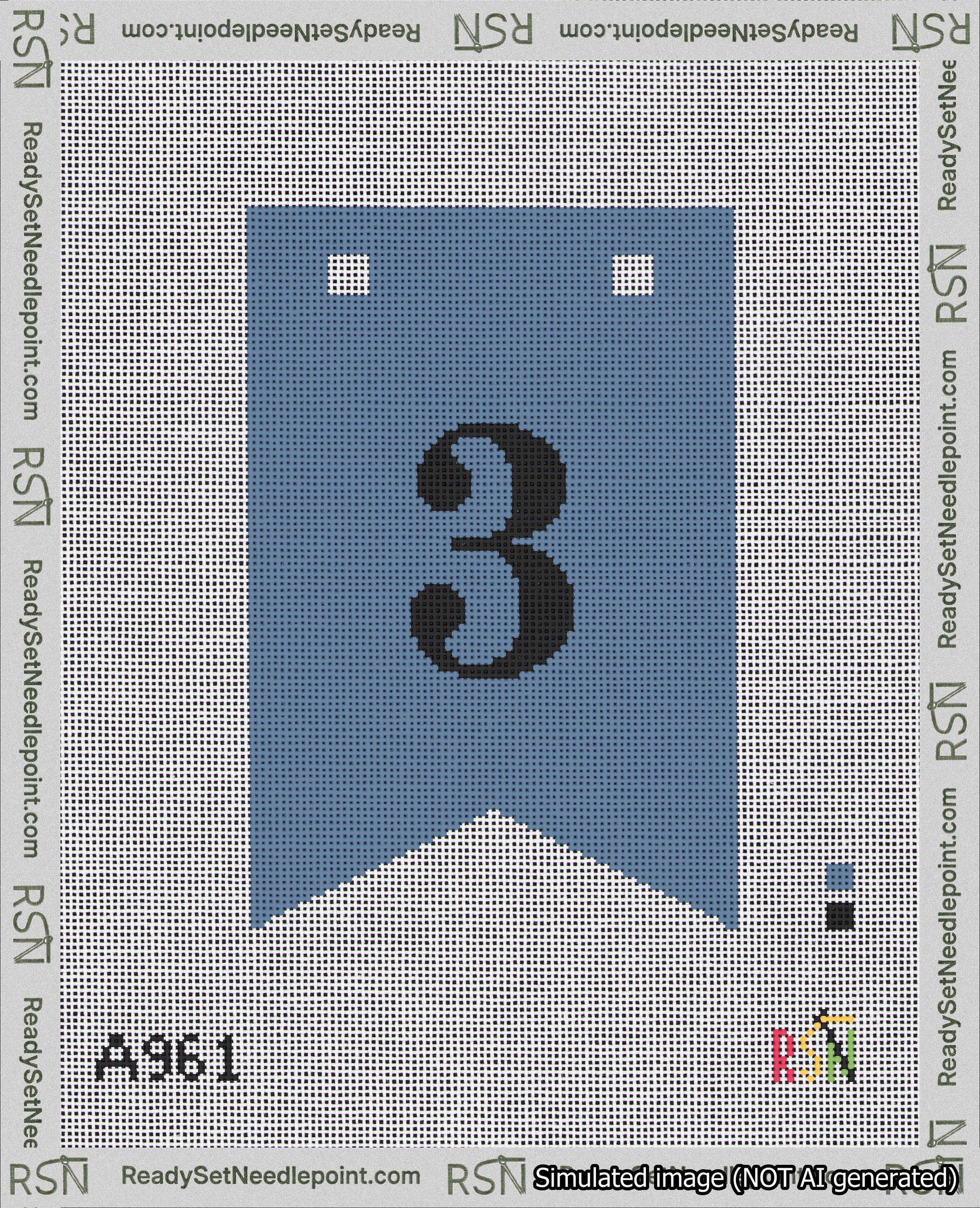 A taped needlepoint canvas with the design: Banner 18 mesh count Forked 3 Black on Blue.