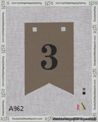 A taped needlepoint canvas with the design: Banner 18 mesh count Forked 3 Black on Brown.