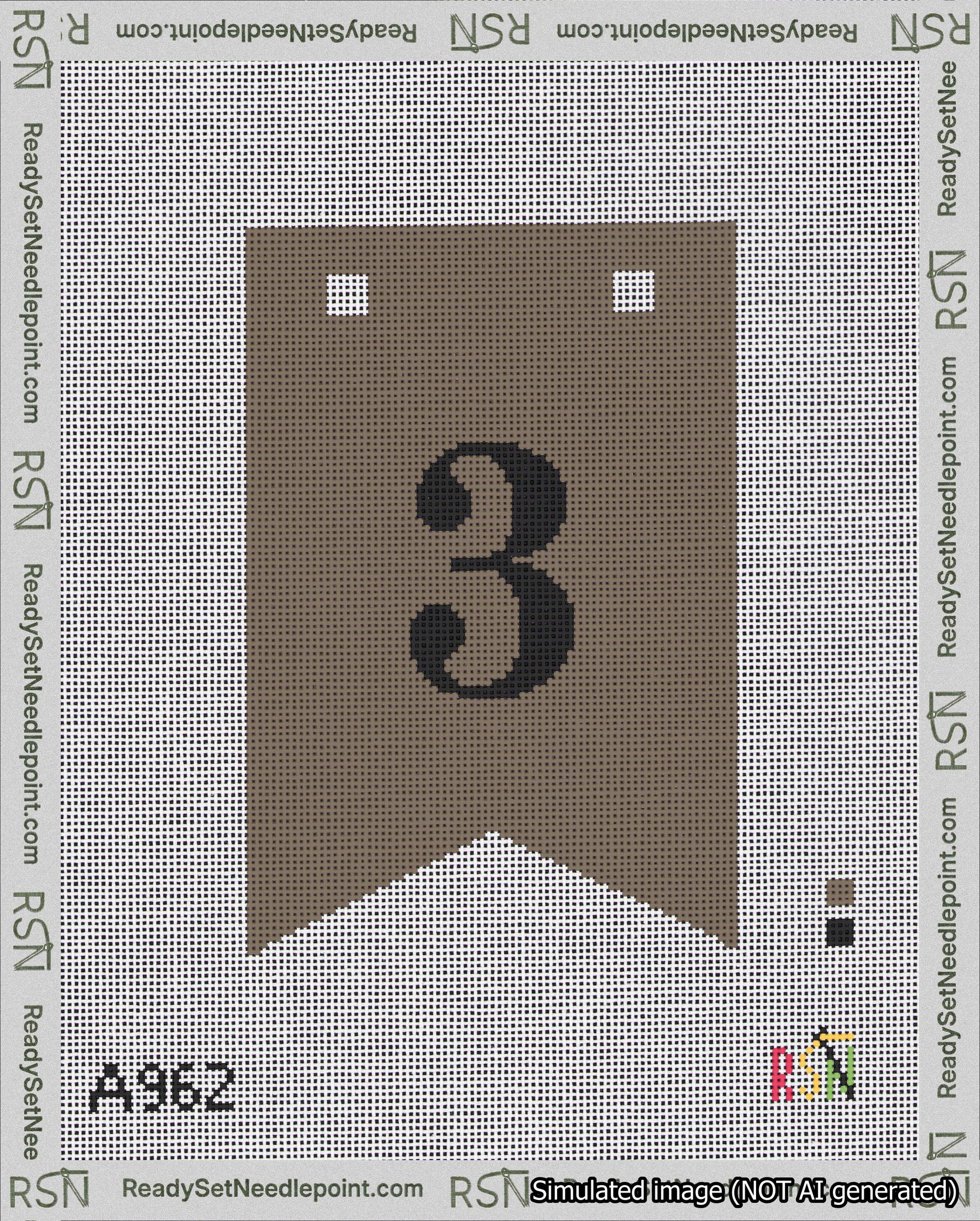 A taped needlepoint canvas with the design: Banner 18 mesh count Forked 3 Black on Brown.