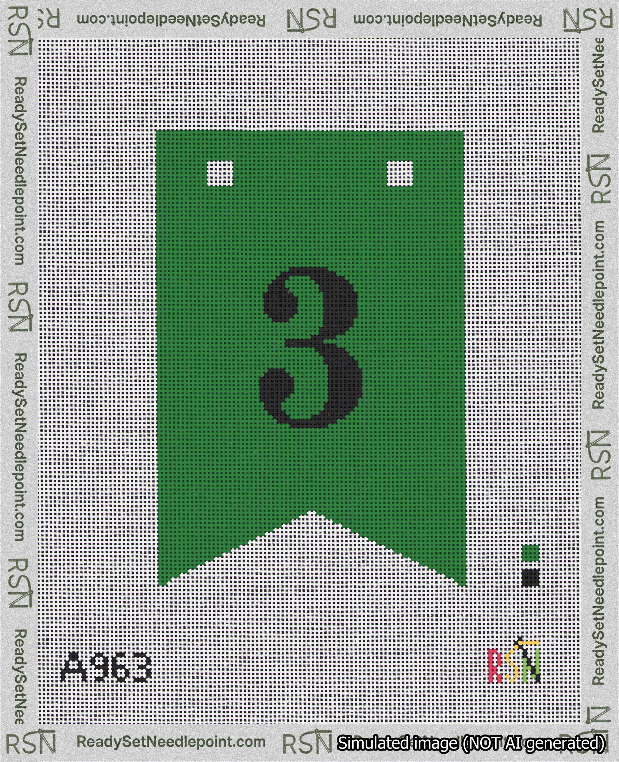 A taped needlepoint canvas with the design: Banner 18 mesh count Forked 3 Black on Green.