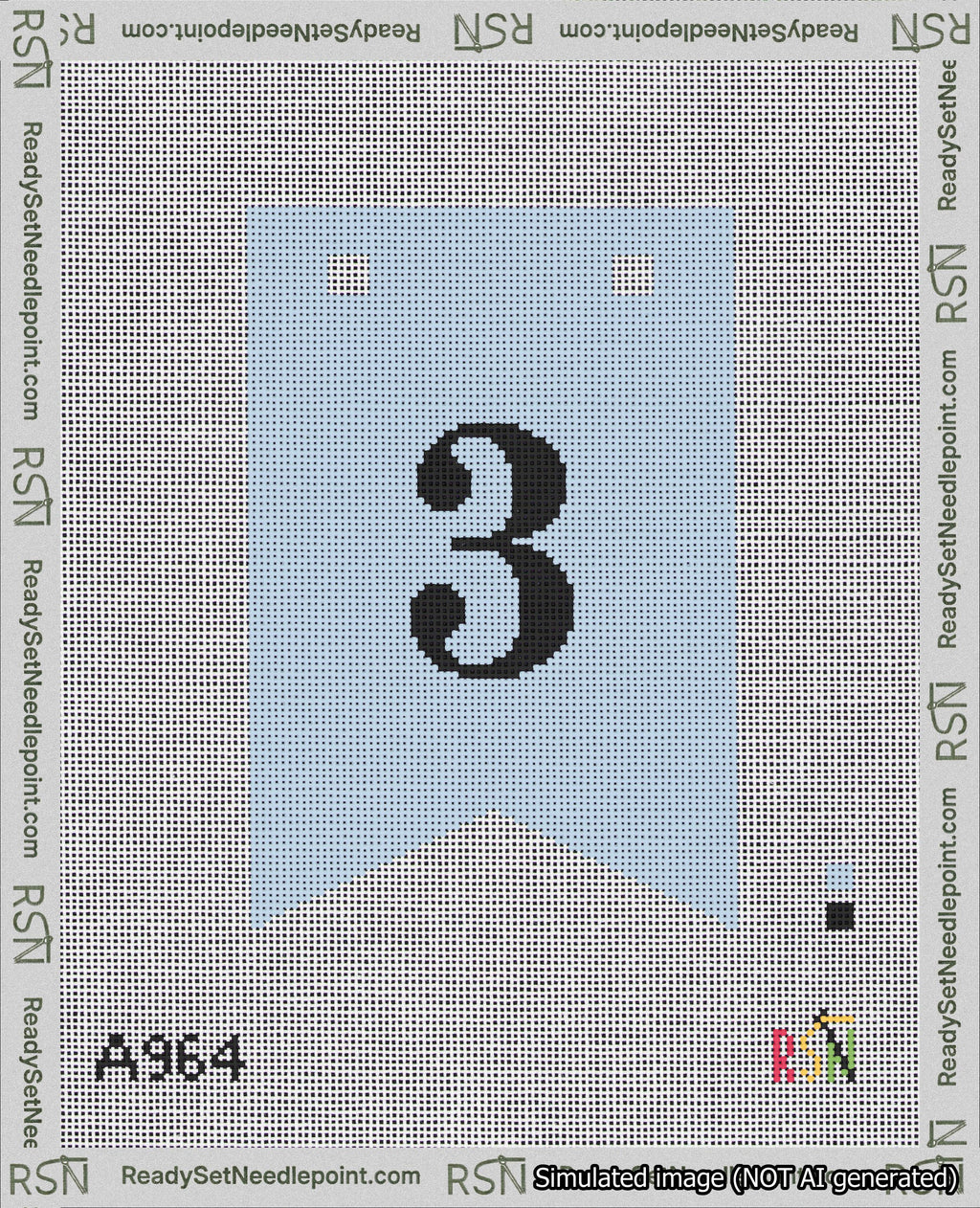 A taped needlepoint canvas with the design: Banner 18 mesh count Forked 3 Black on Light Blue.
