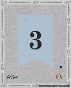 A taped needlepoint canvas with the design: Banner 18 mesh count Forked 3 Black on Light Blue.