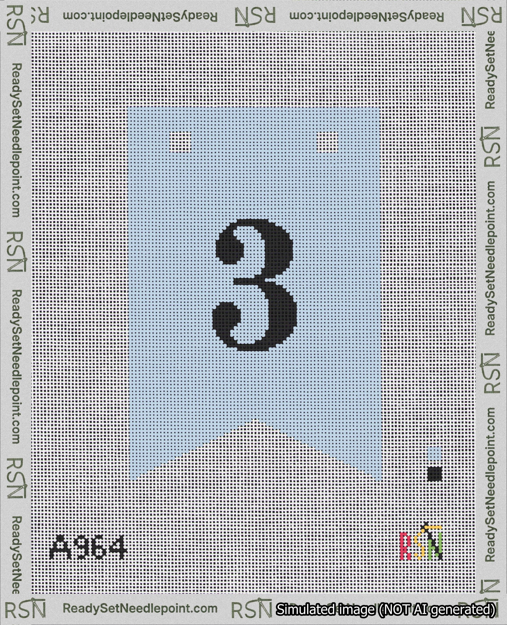 A taped needlepoint canvas with the design: Banner 18 mesh count Forked 3 Black on Light Blue.