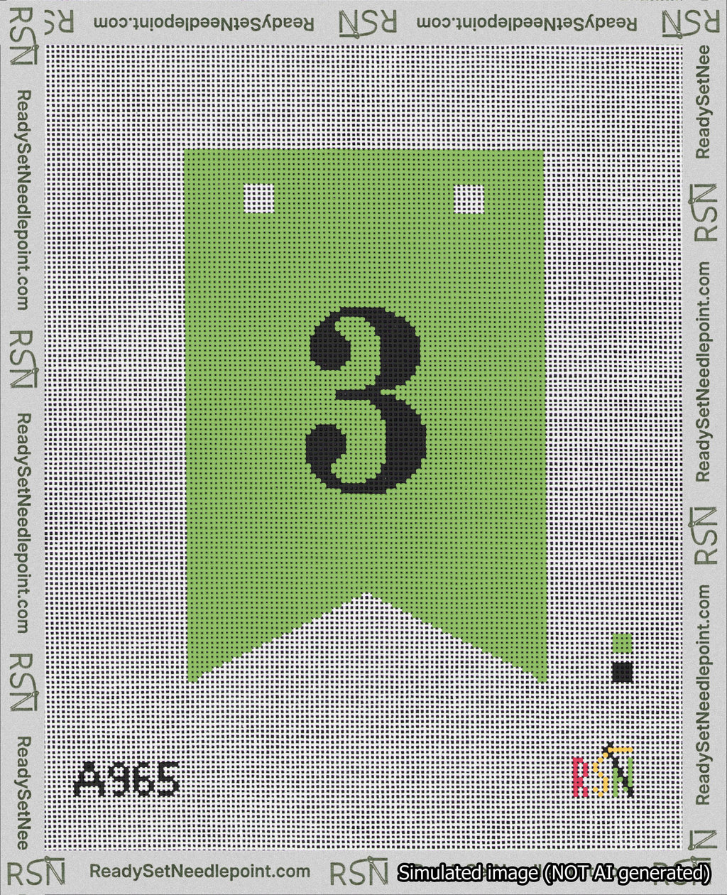 A taped needlepoint canvas with the design: Banner 18 mesh count Forked 3 Black on Light Green.