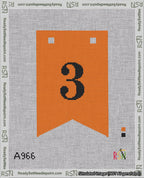 A taped needlepoint canvas with the design: Banner 18 mesh count Forked 3 Black on Orange.