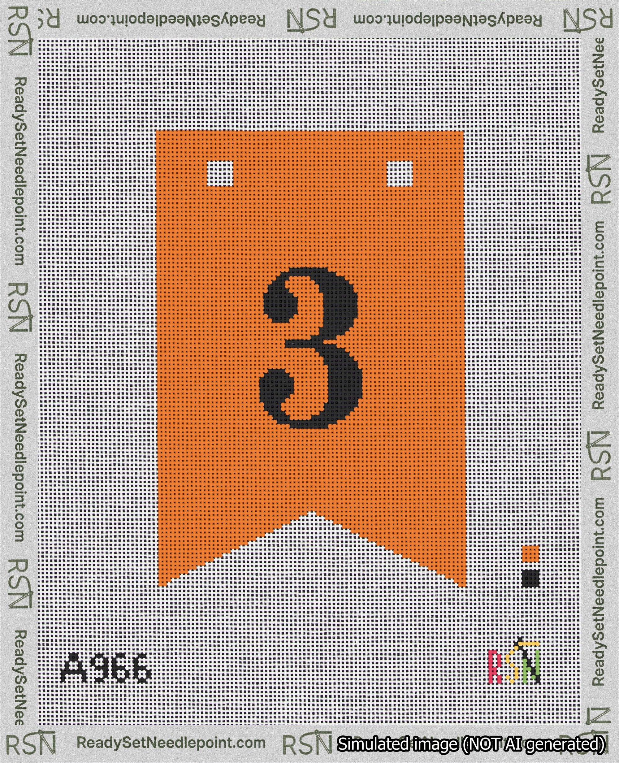 A taped needlepoint canvas with the design: Banner 18 mesh count Forked 3 Black on Orange.