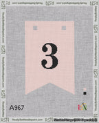 A taped needlepoint canvas with the design: Banner 18 mesh count Forked 3 Black on Pink.