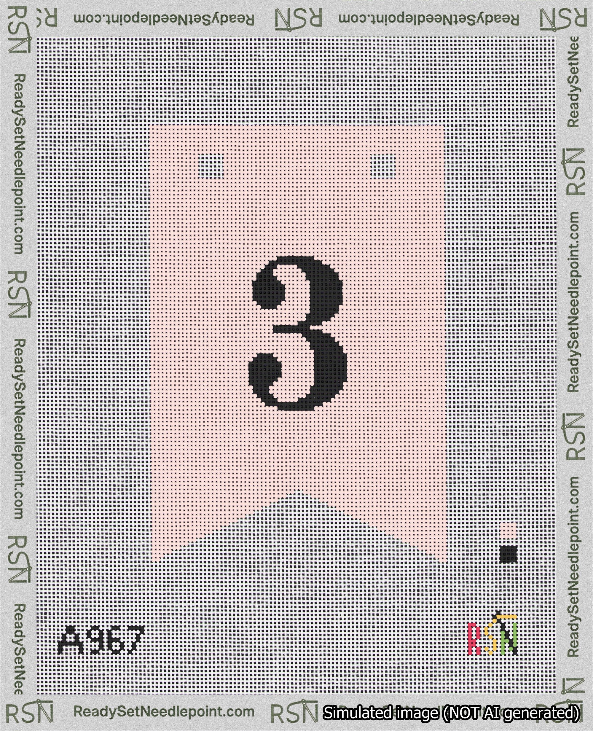 A taped needlepoint canvas with the design: Banner 18 mesh count Forked 3 Black on Pink.