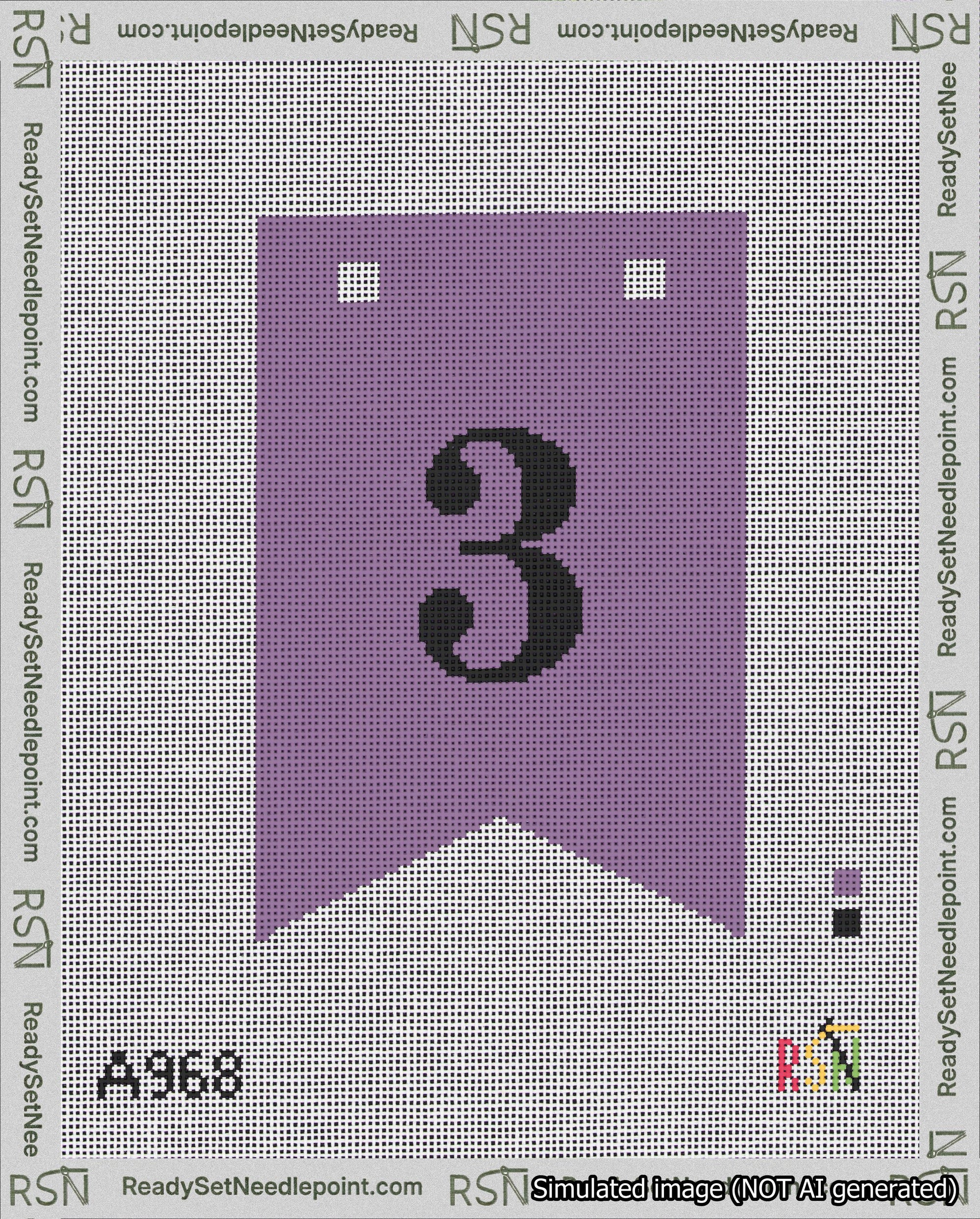 A taped needlepoint canvas with the design: Banner 18 mesh count Forked 3 Black on Purple.