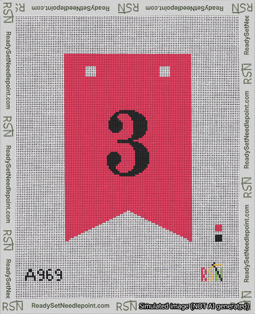 A taped needlepoint canvas with the design: Banner 18 mesh count Forked 3 Black on Red.