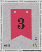 A taped needlepoint canvas with the design: Banner 18 mesh count Forked 3 Black on Red.