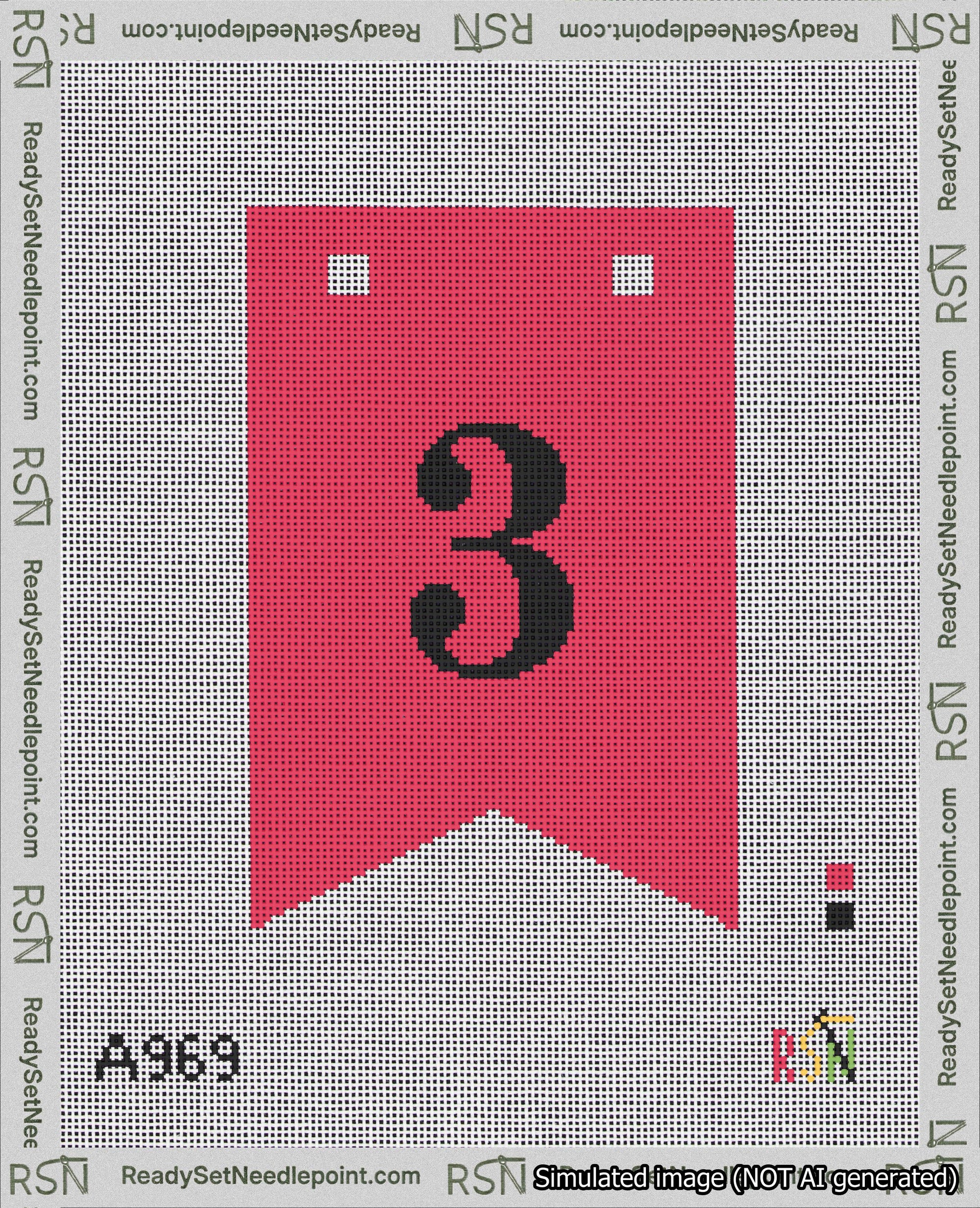 A taped needlepoint canvas with the design: Banner 18 mesh count Forked 3 Black on Red.