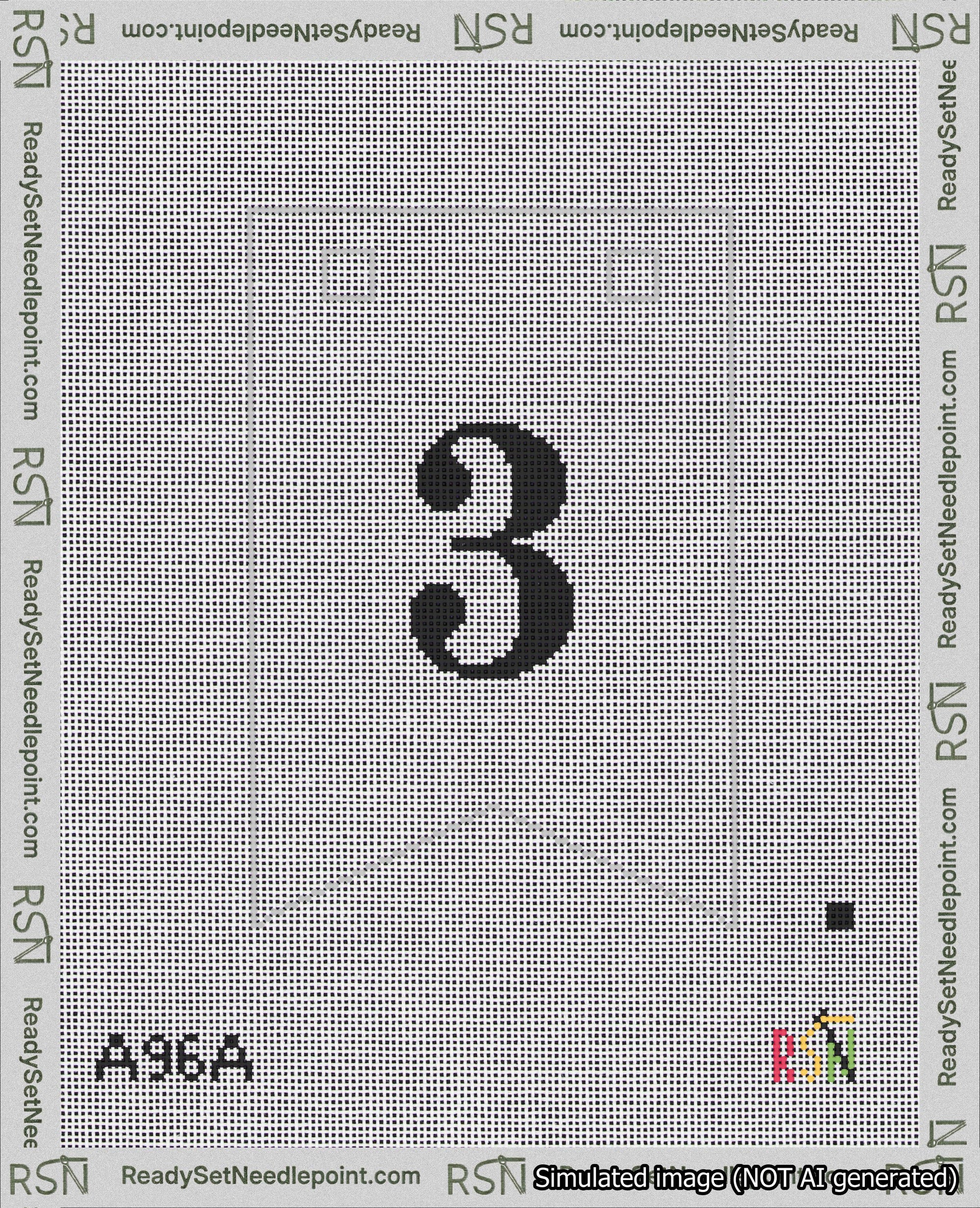 A taped needlepoint canvas with the design: Banner 18 mesh count Forked 3 Black on White.