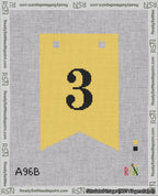 A taped needlepoint canvas with the design: Banner 18 mesh count Forked 3 Black on Yellow.