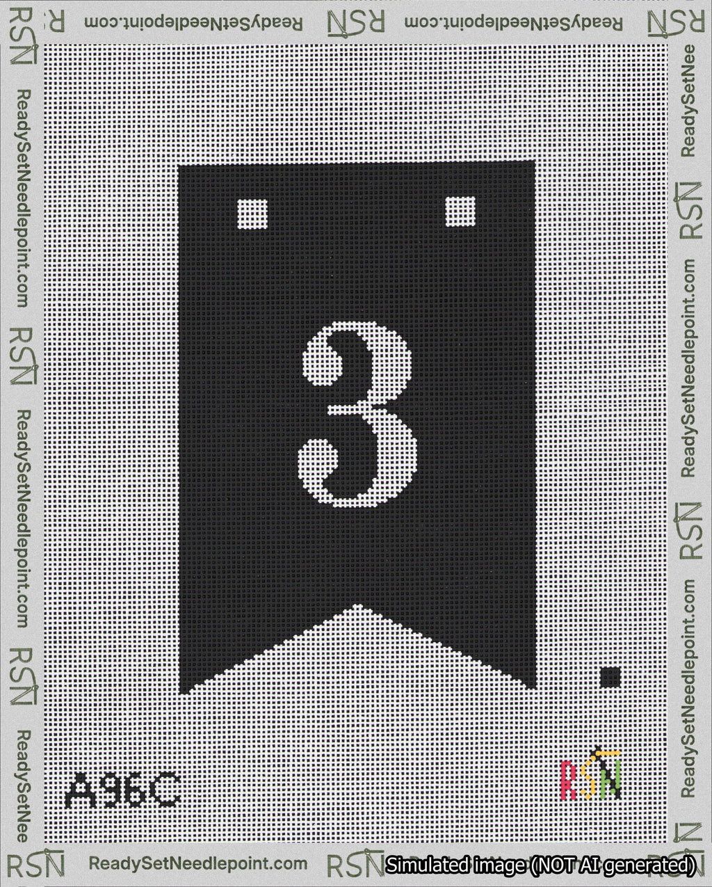 A taped needlepoint canvas with the design: Banner 18 mesh count Forked 3 White on Black.