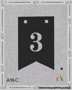 A taped needlepoint canvas with the design: Banner 18 mesh count Forked 3 White on Black.