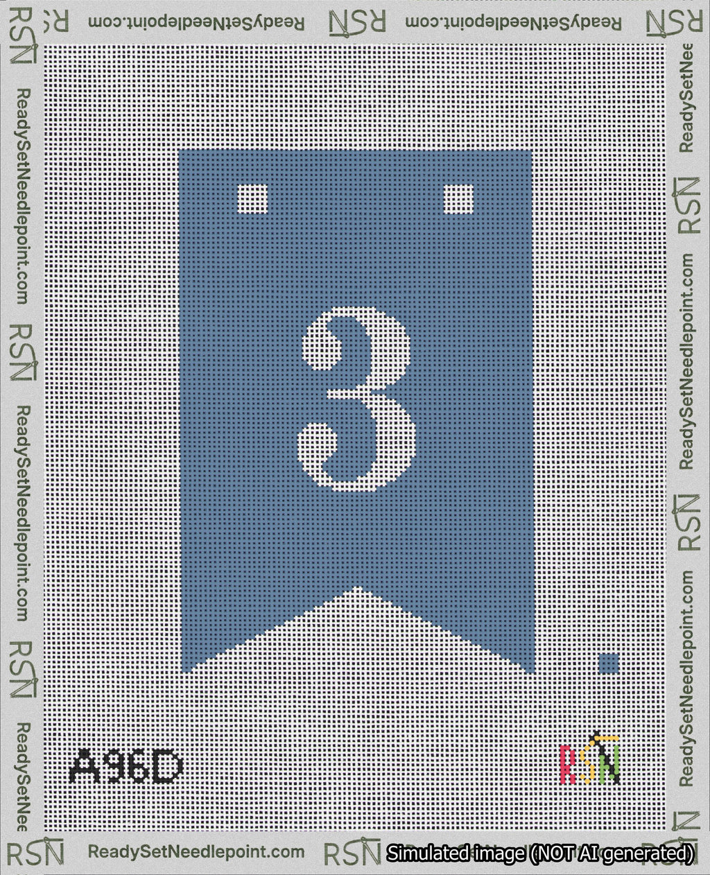 A taped needlepoint canvas with the design: Banner 18 mesh count Forked 3 White on Blue.