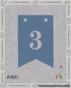 A taped needlepoint canvas with the design: Banner 18 mesh count Forked 3 White on Blue.