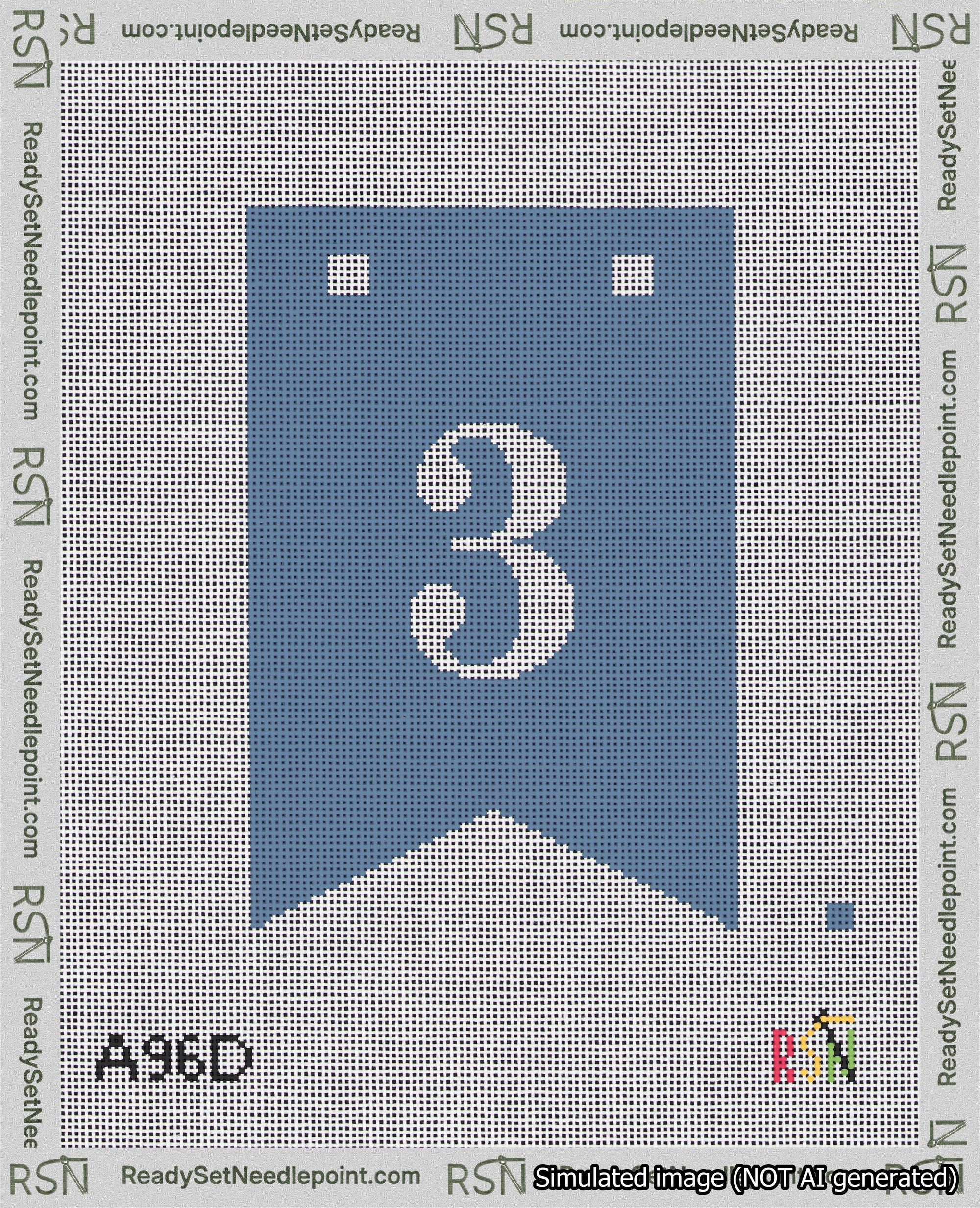 A taped needlepoint canvas with the design: Banner 18 mesh count Forked 3 White on Blue.