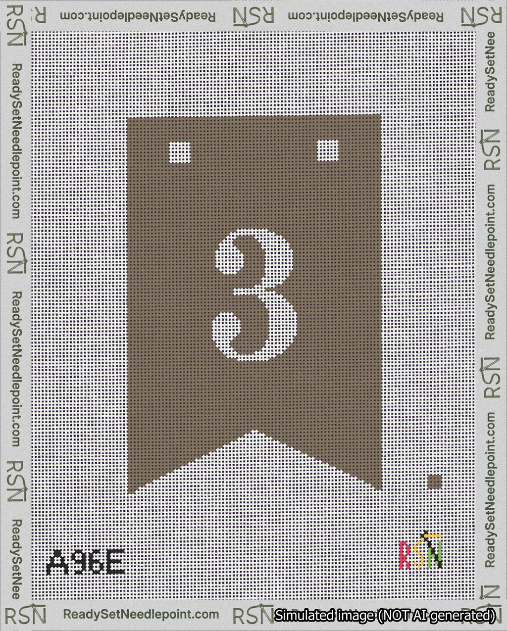 A taped needlepoint canvas with the design: Banner 18 mesh count Forked 3 White on Brown.