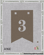 A taped needlepoint canvas with the design: Banner 18 mesh count Forked 3 White on Brown.