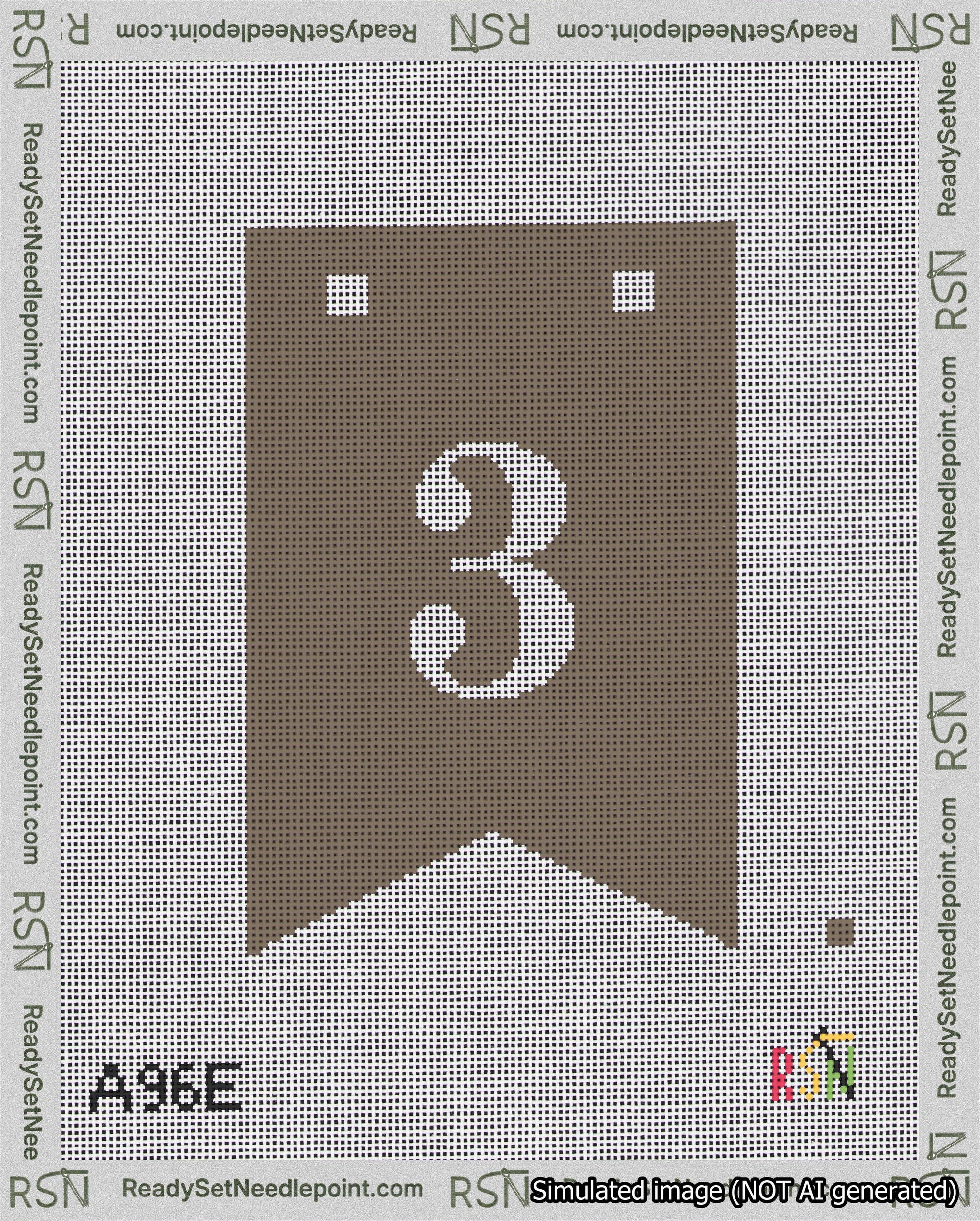 A taped needlepoint canvas with the design: Banner 18 mesh count Forked 3 White on Brown.