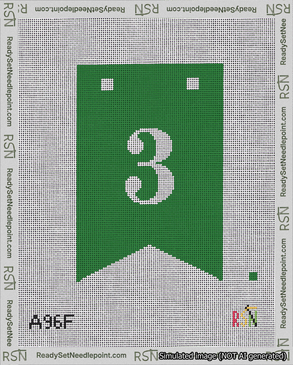 A taped needlepoint canvas with the design: Banner 18 mesh count Forked 3 White on Green.