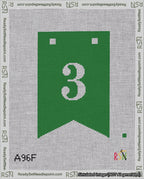 A taped needlepoint canvas with the design: Banner 18 mesh count Forked 3 White on Green.