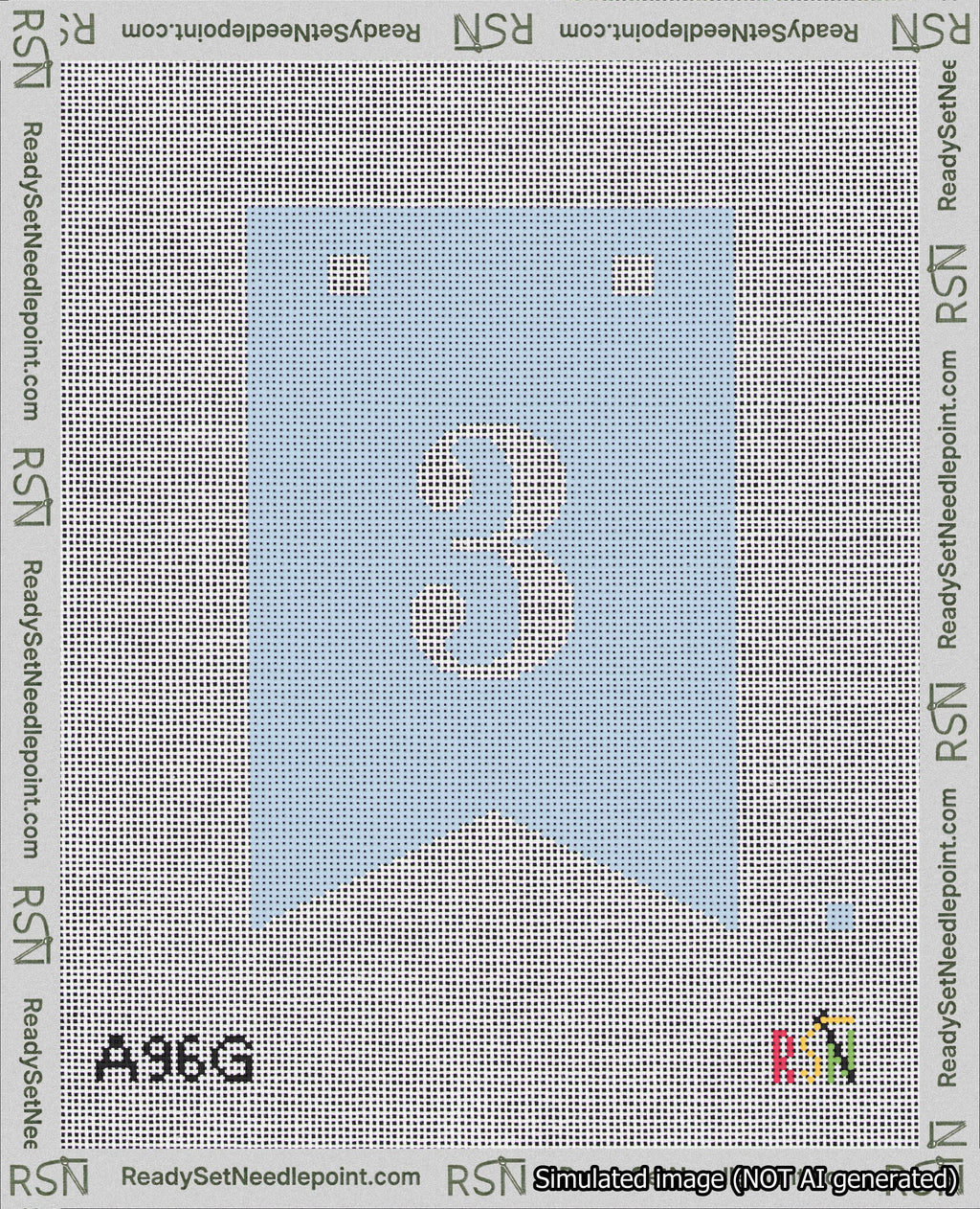 A taped needlepoint canvas with the design: Banner 18 mesh count Forked 3 White on Light Blue.