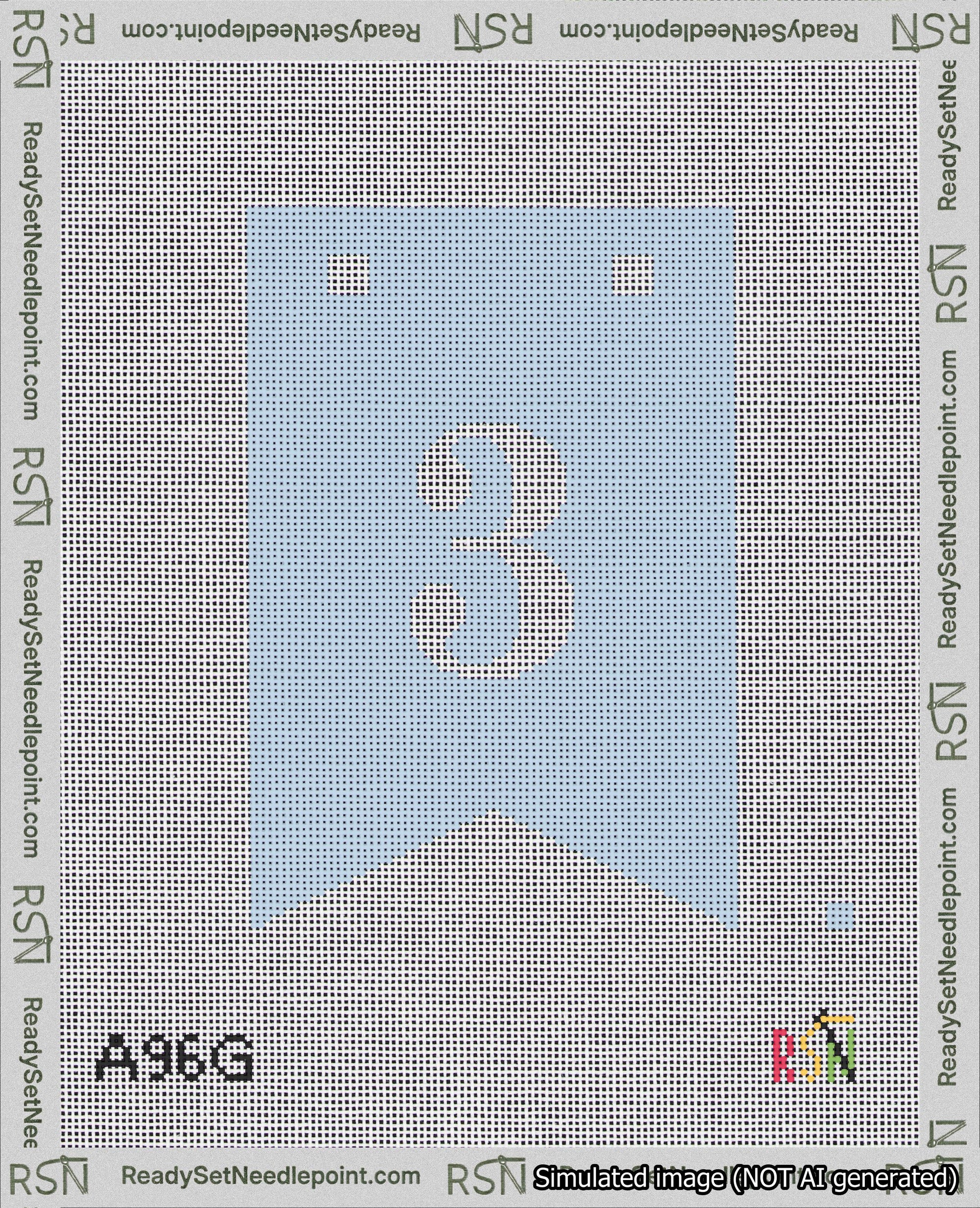 A taped needlepoint canvas with the design: Banner 18 mesh count Forked 3 White on Light Blue.