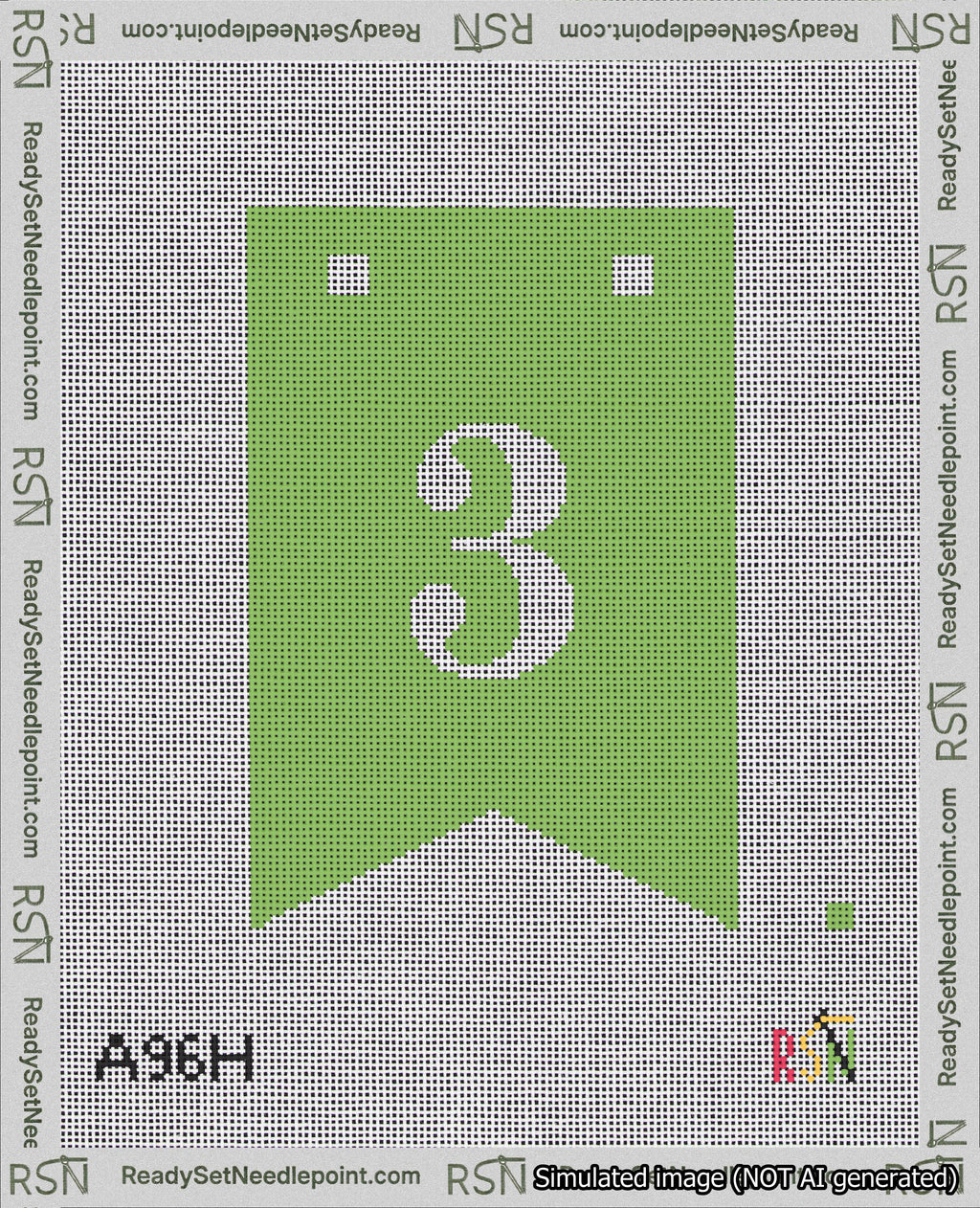 A taped needlepoint canvas with the design: Banner 18 mesh count Forked 3 White on Light Green.