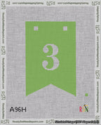 A taped needlepoint canvas with the design: Banner 18 mesh count Forked 3 White on Light Green.