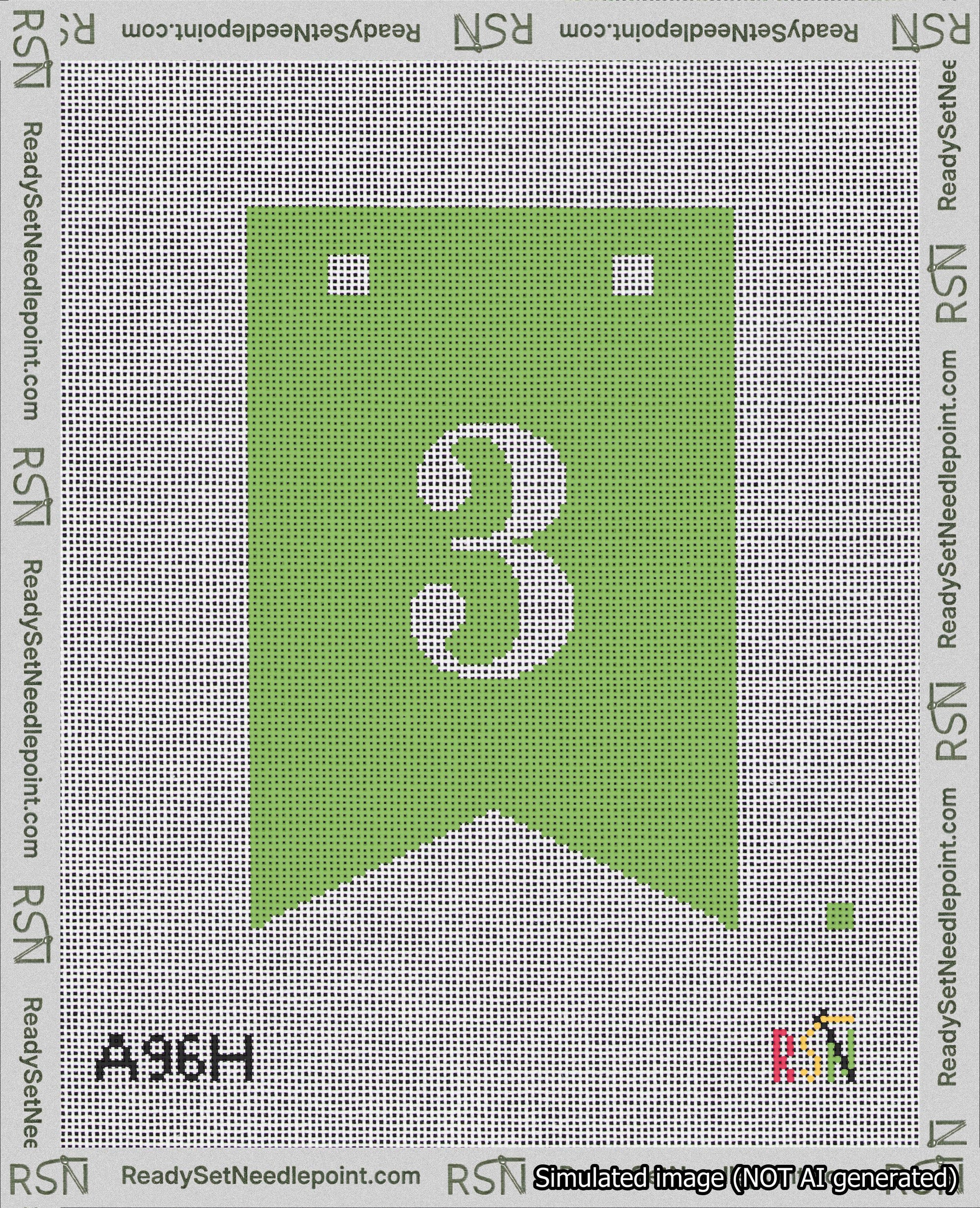 A taped needlepoint canvas with the design: Banner 18 mesh count Forked 3 White on Light Green.