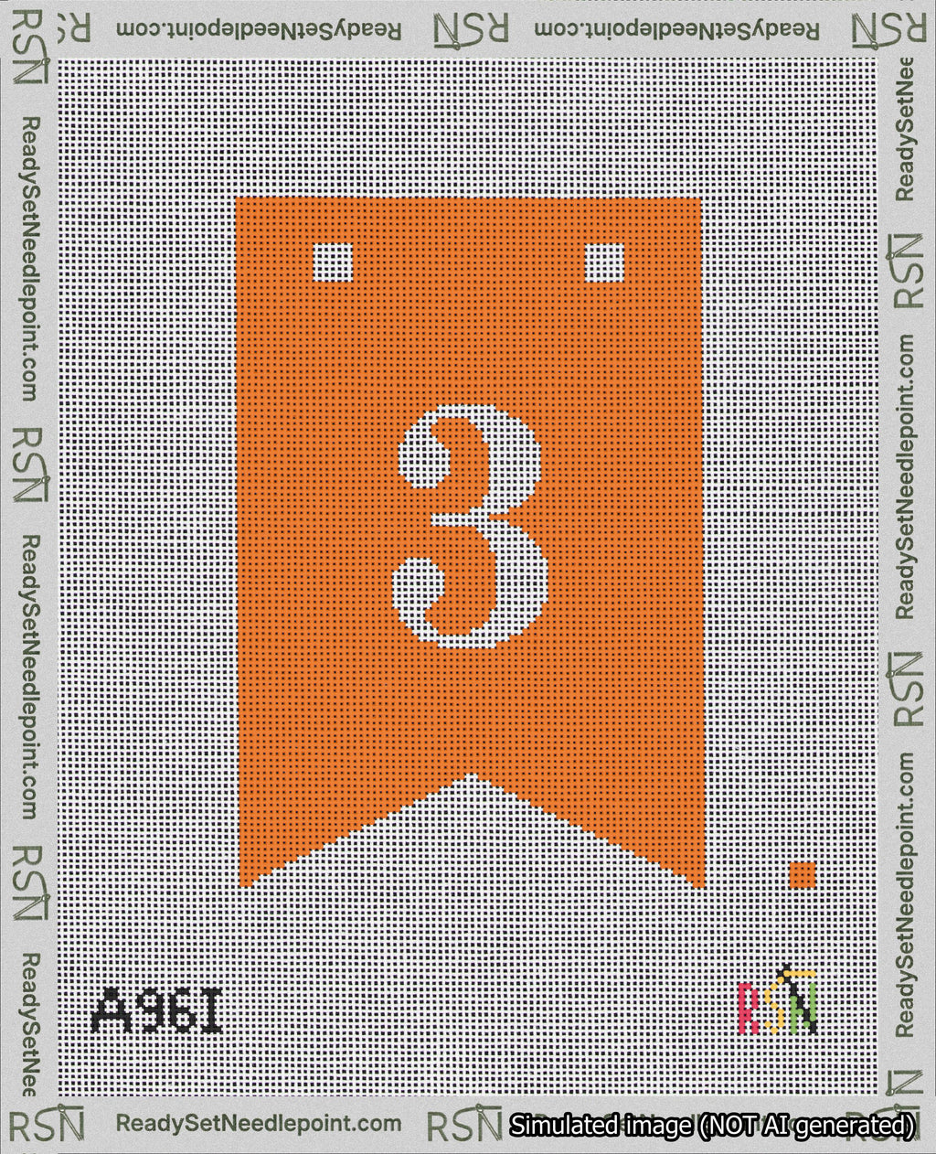 A taped needlepoint canvas with the design: Banner 18 mesh count Forked 3 White on Orange.