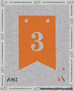 A taped needlepoint canvas with the design: Banner 18 mesh count Forked 3 White on Orange.