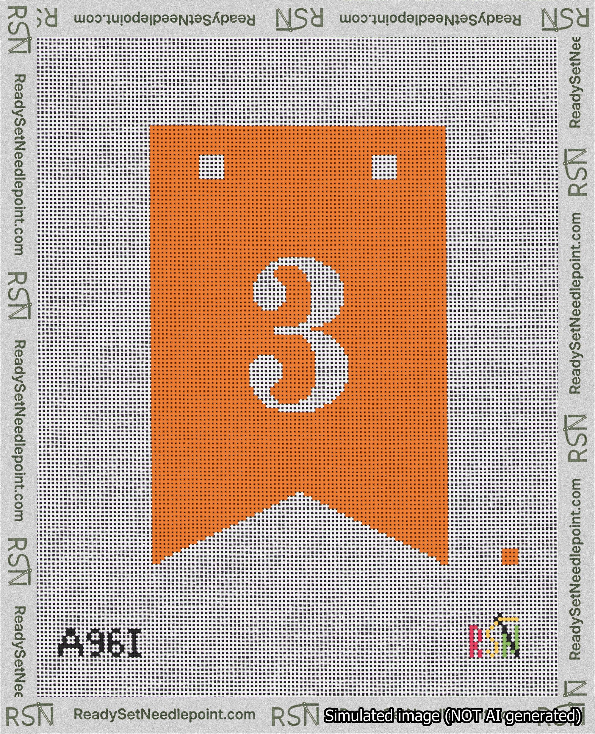 A taped needlepoint canvas with the design: Banner 18 mesh count Forked 3 White on Orange.